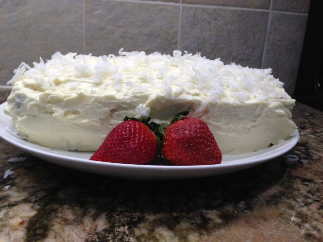 Pound cake with mock whipped cream frosting