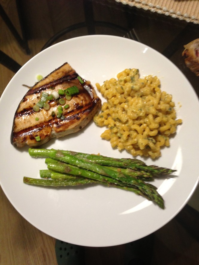 Grilled Swordfish with pasta and parmesan roasted asparagus. 
