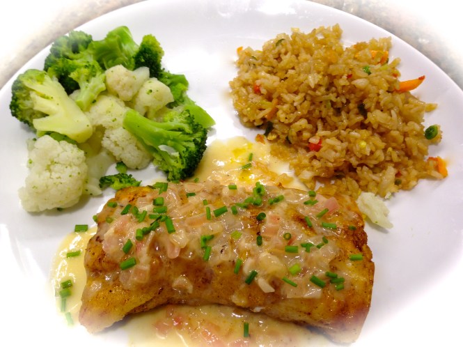 Pan Fried Cod With Steamed Vegetables and Chicken Fried Rice...