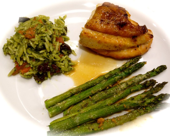 Serving suggestion: parmesan roasted asparagus and pesto orzo with roasted red peppers and olives