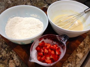 Wet And Dry Ingredients and Chopped Strawberries