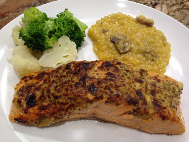Serving Suggestion: Salmon with Mushroom Risotto and Steamed Vegetables