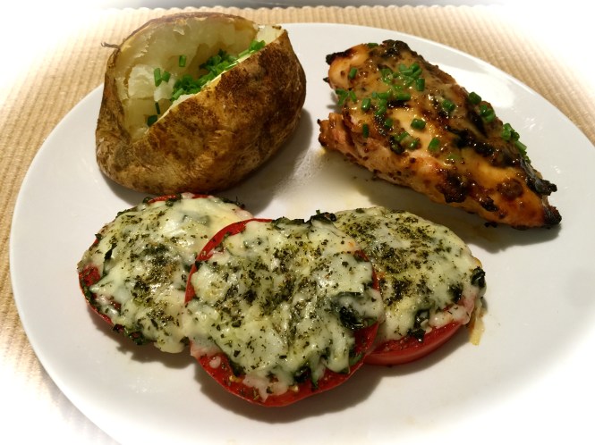 Serving suggestion: Grilled Honey Mustard Chicken, Baked Potato and Simple Oven Roasted Tomatoes