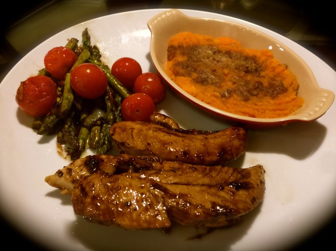 Serving Suggestion: Balsamic Chicken And Vegetables With And Individual Sweet Potato Casserole