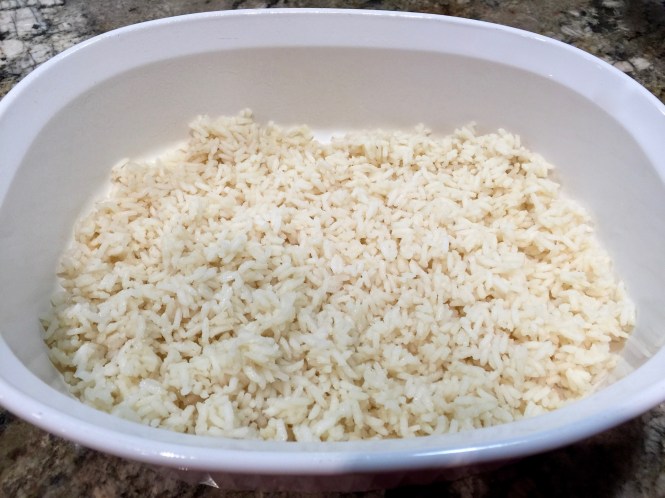 Line the bottom of a pan treated with non stick cooking spray with rice