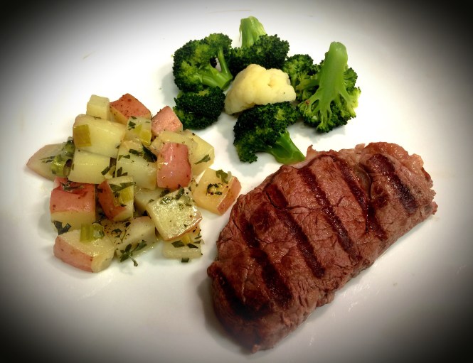 Serving suggestion: Filet of beef with steamed vegetables and spud pockets. 