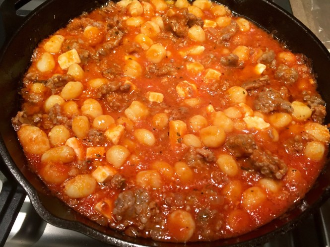 Gnocchi, sausage and sauce mixture.